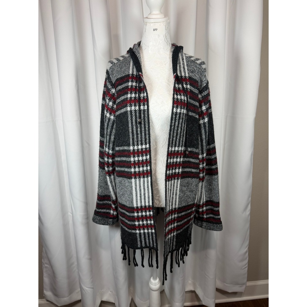 Adrienne Vittadini Plaid Hooded Fringe Cardigan Sweater Black Red White XL